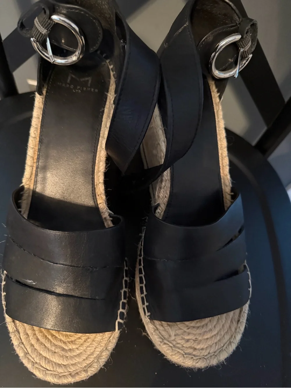 Marc Fisher Black Espadrille Platform Sandals with Buckle Ankle Strap